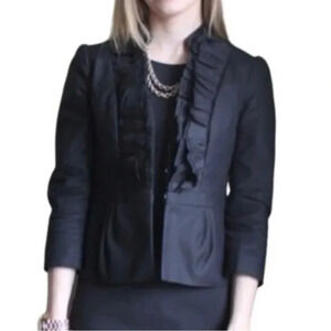 LOFT Black Blazer Ruffle Trim 3/4 Sleeves 100% Cotton Jacket Size 6